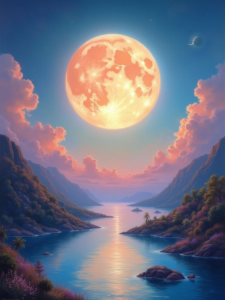 A surreal dreamscape where a giant, luminous moon hovers ove...