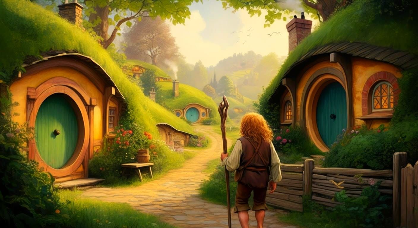 Fantasy Hobbit Village in a Charming Frank Frazetta Style