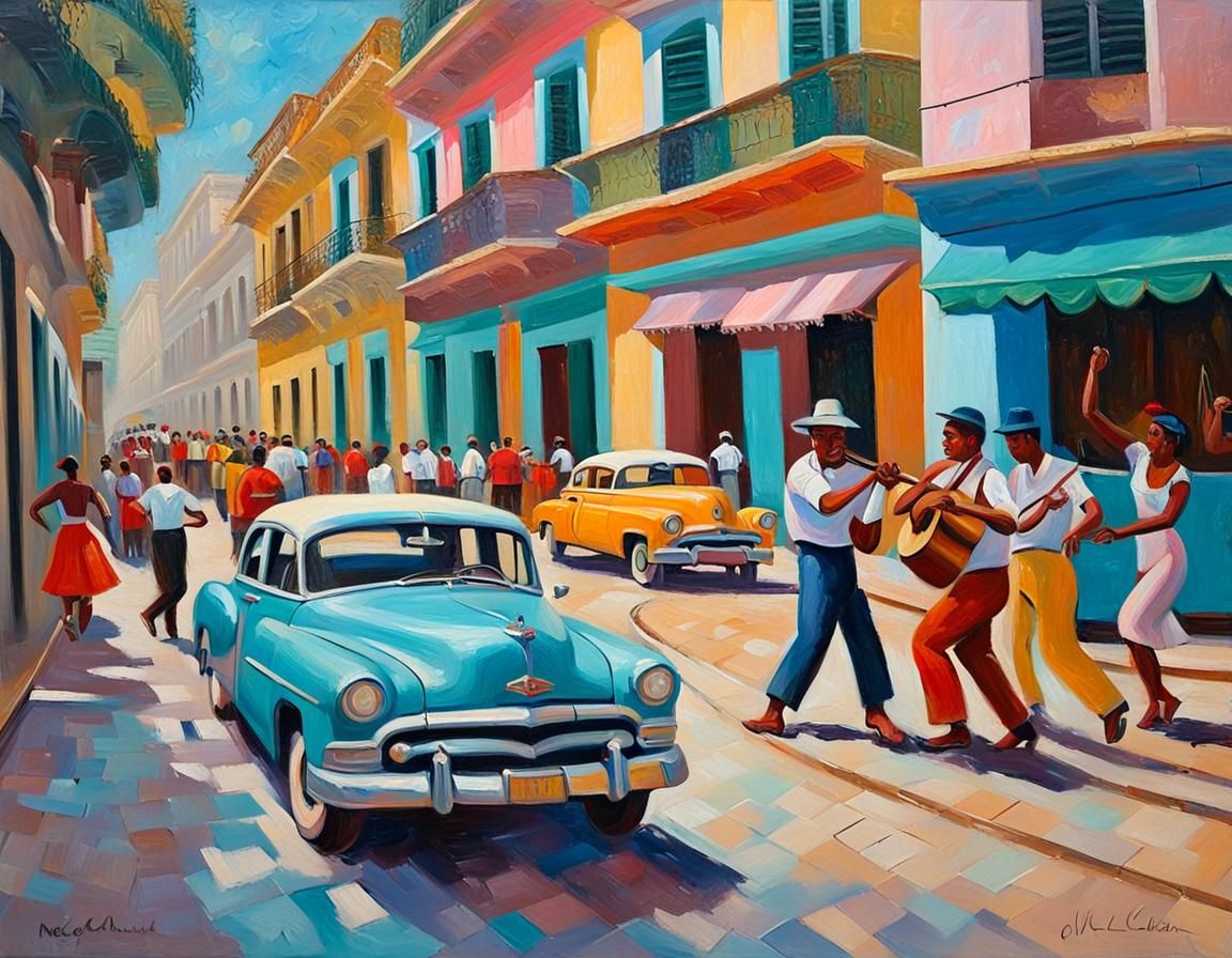 Cuban Street Scene with 1950s Cars in Expressionist Style