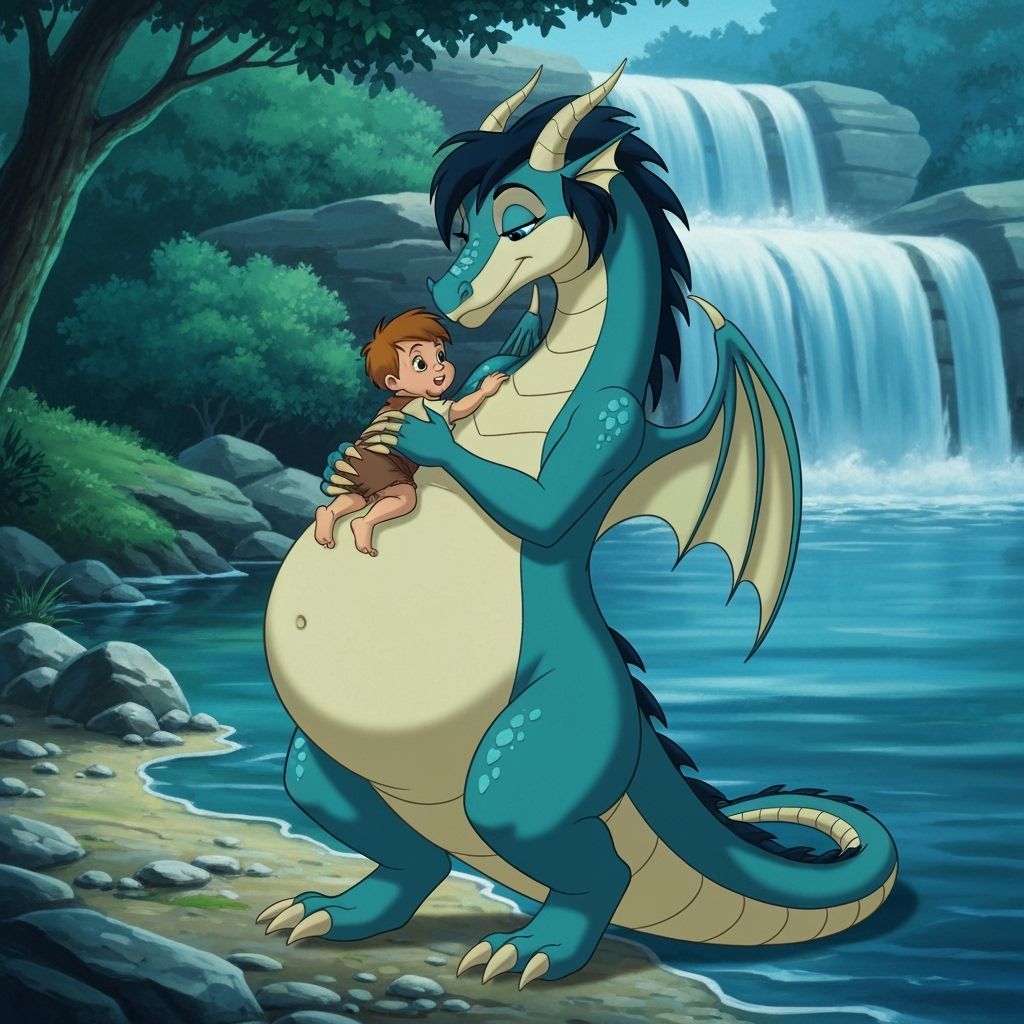 Kind Dragoness with Orphan Boy, Animated Style