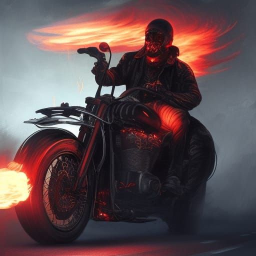 Motorcycle Rider in Hellish Landscape, Hyperdetailed Art