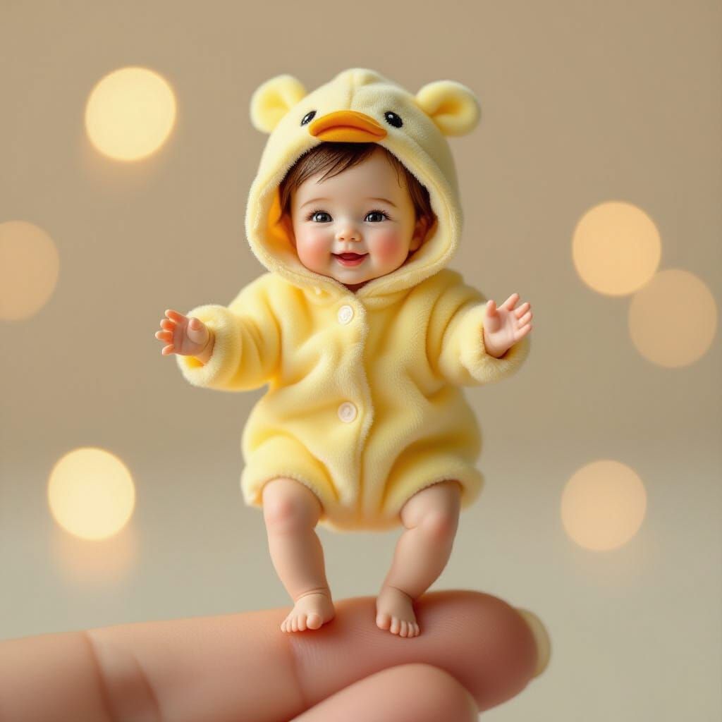 A tiny, ultra-realistic baby girl, no bigger than a fingerti...