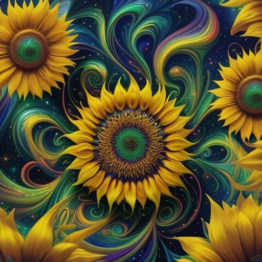 Vibrant Cosmic Sunflower Blooms in Iridescent Splendor