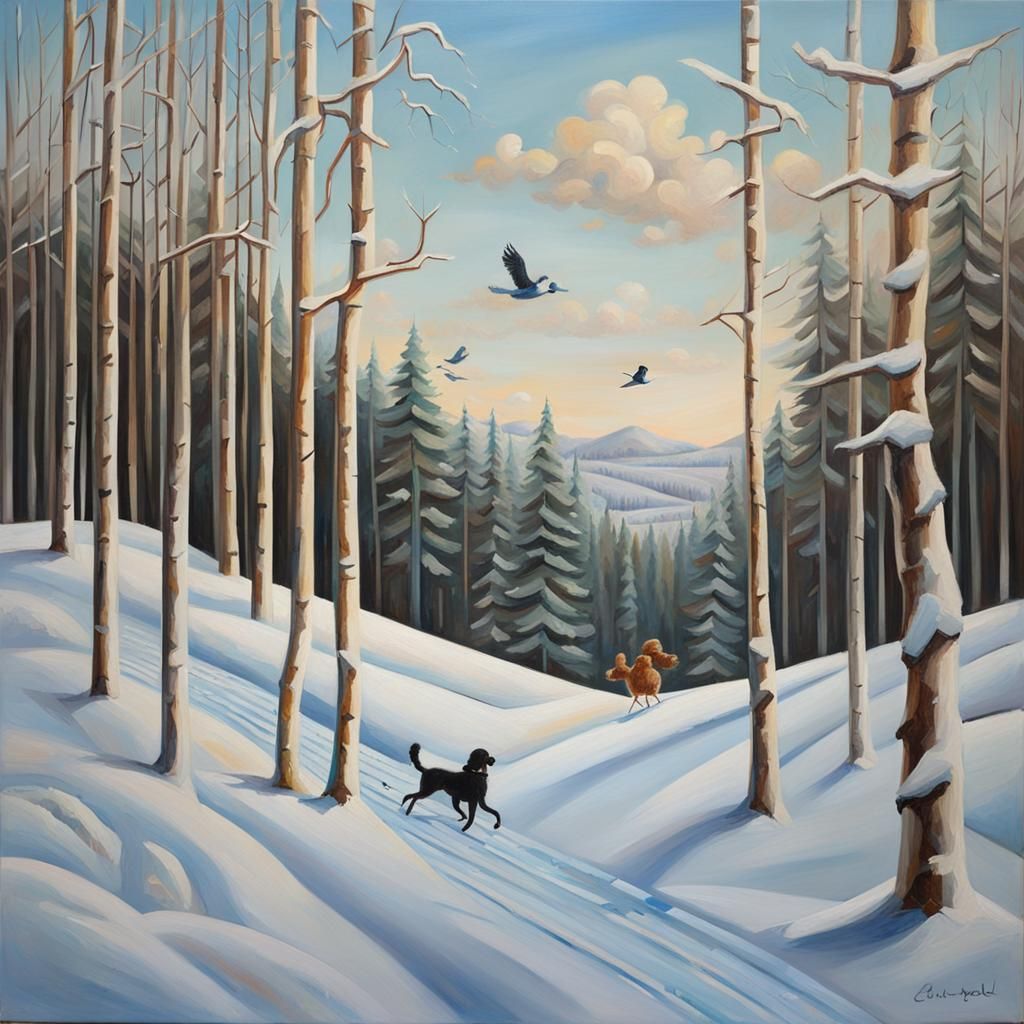 Winter Forest Scene with Skier and Poodle, Oil Painting