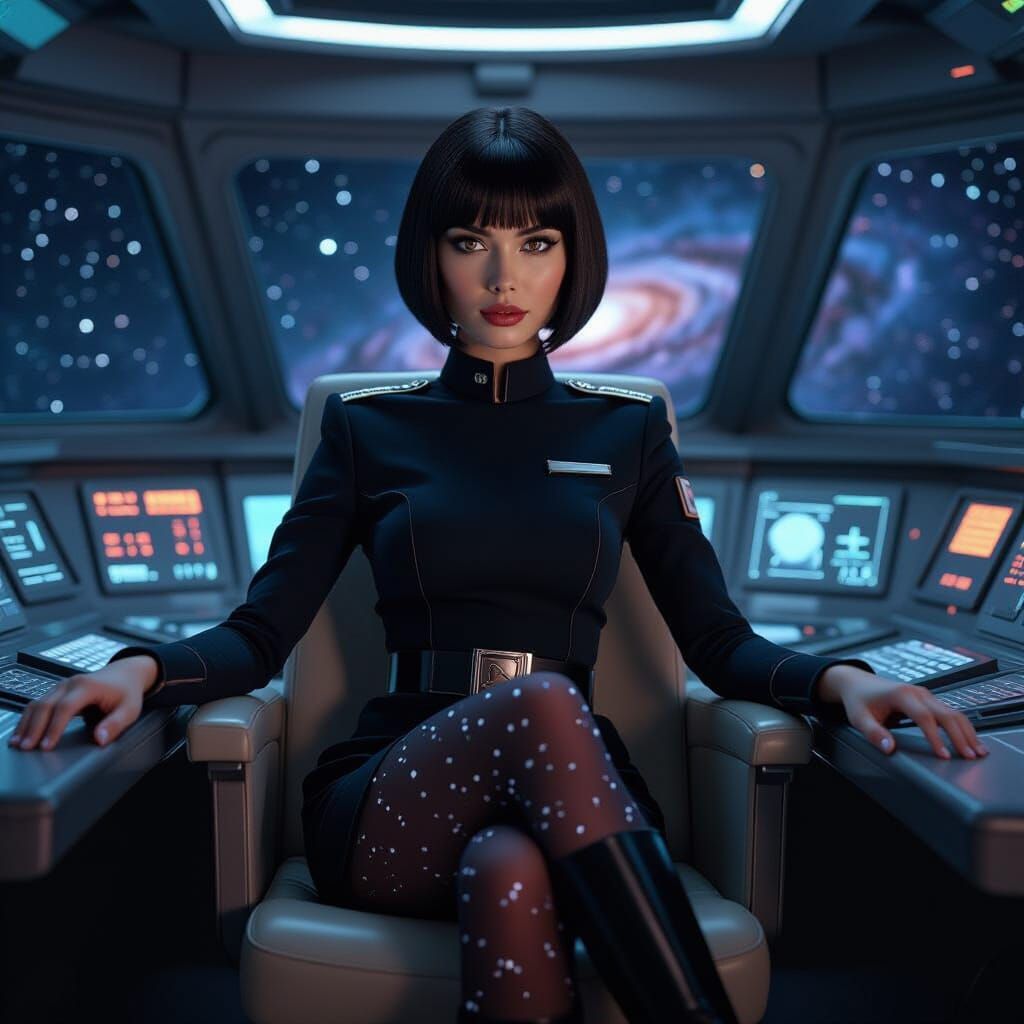 Young Woman at Starship Helm, Hyperrealistic Cinematic Style