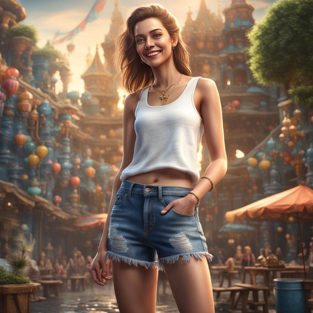 Smiling Woman in Denim: Hyperrealistic Detailed Portrait