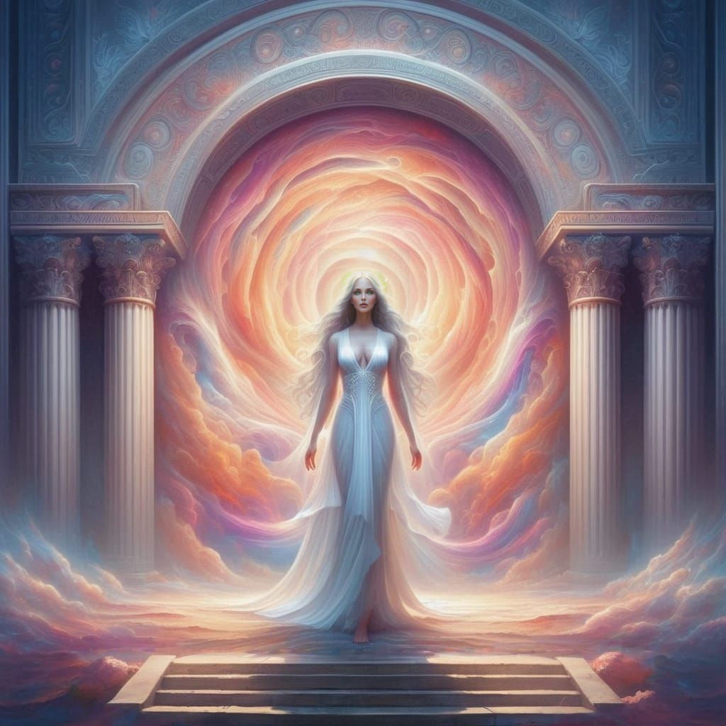 Ethereal Goddess at Temple Entrance in Ancient Grecian Style