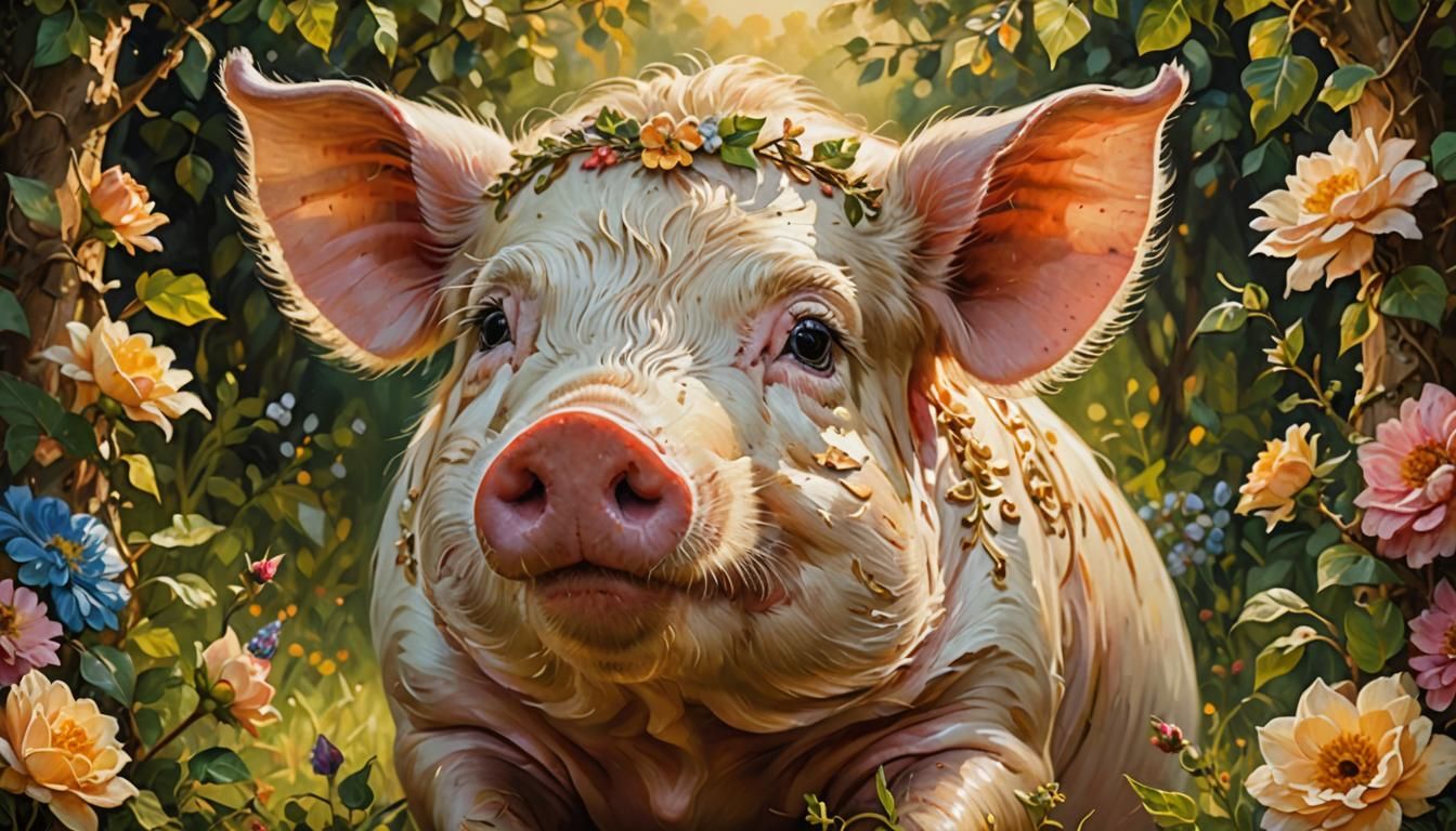 Serene Pig Portrait with Floral Adornments as Baroque Painti...