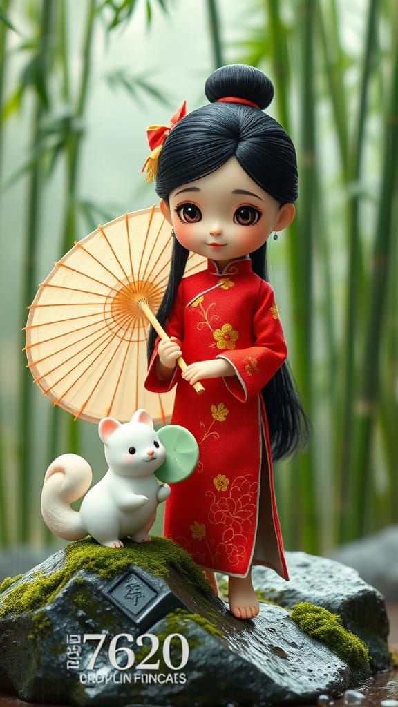 Girl Doll in Qipao with Kitsune, Dreamy Art Style