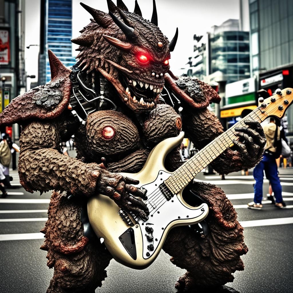 Mecha Kaiju Musician Battles in Tokyo: Hyperrealistic HDR