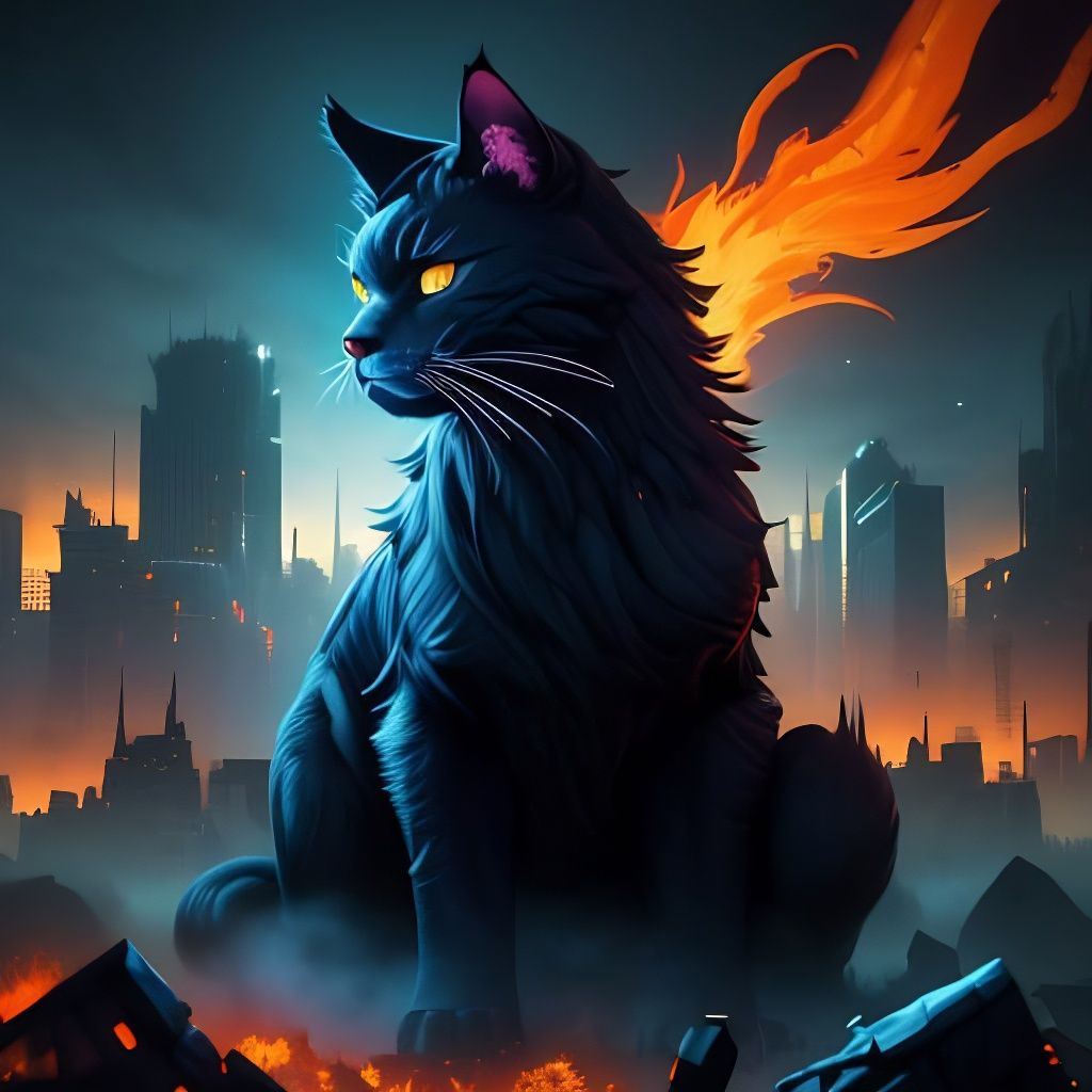 Epic Black Cat Destructs a City in Vibrant Oil Painting Styl...