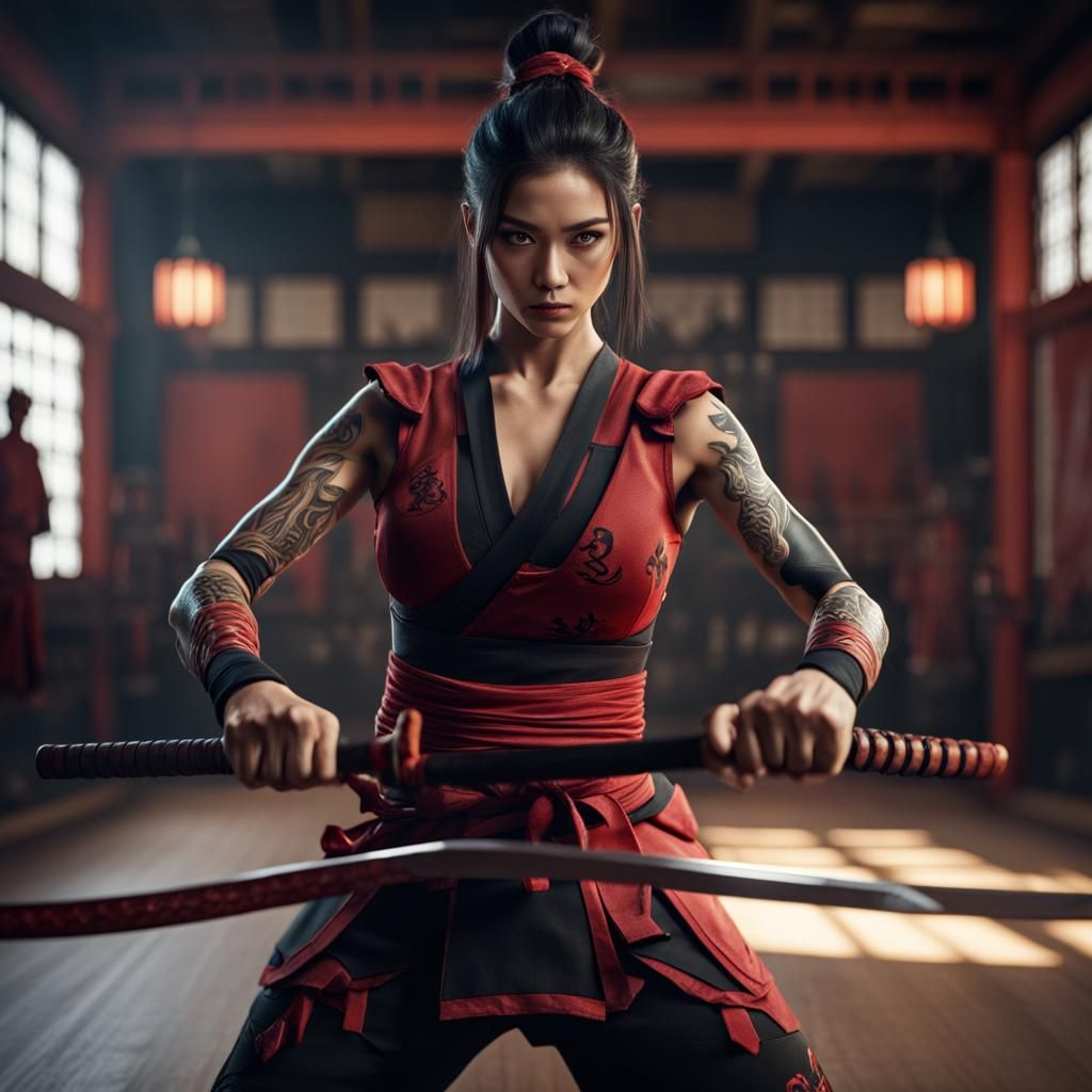 Ninja Woman in Dojo with Samurai Tattoos