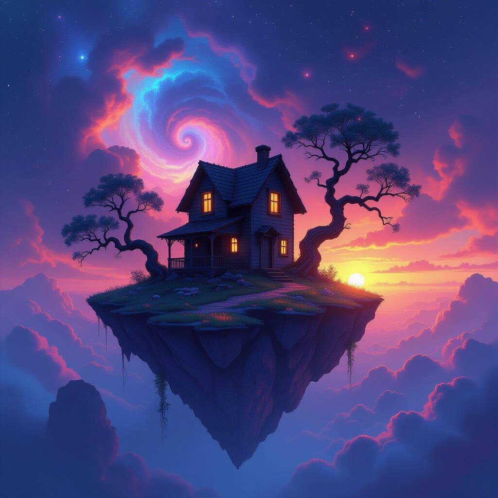 Surreal House on Floating Island in Nebula