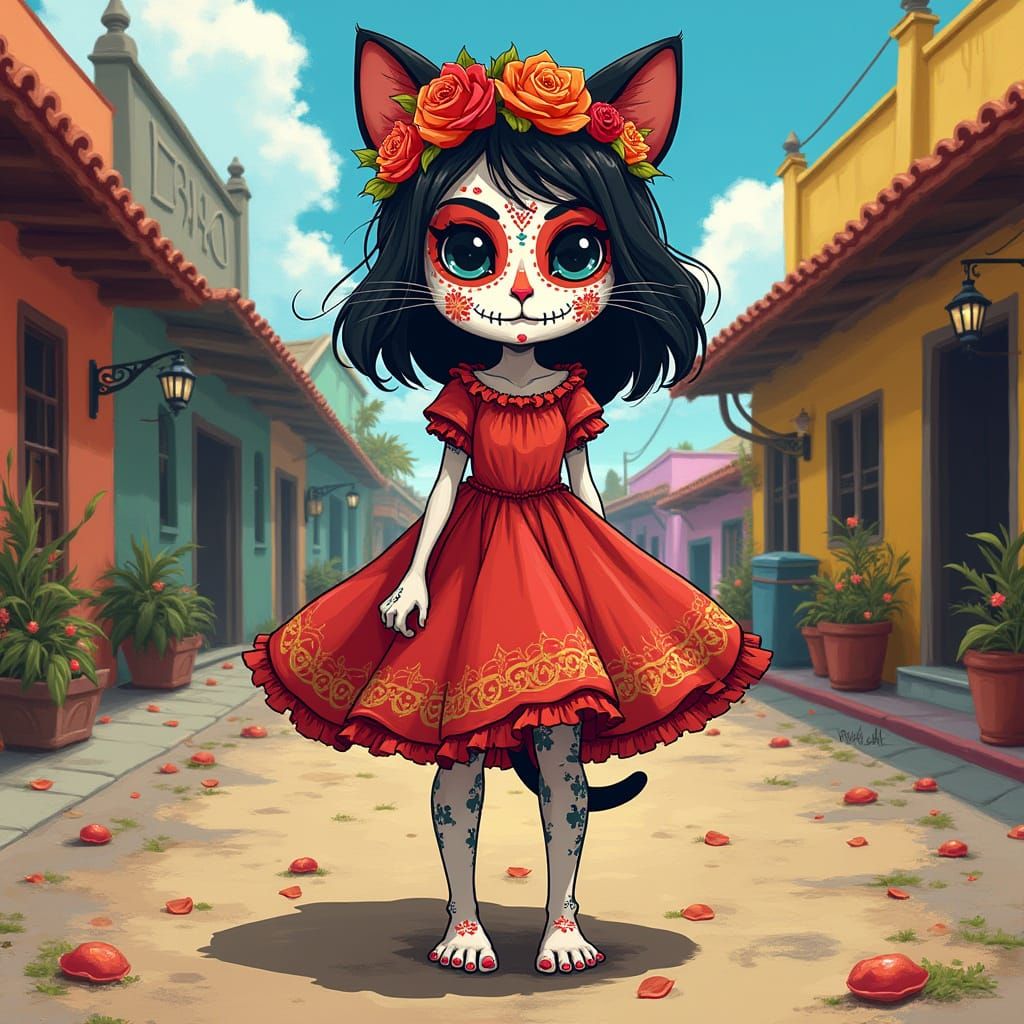 Anime Catgirl with Día de los Muertos Face Paint