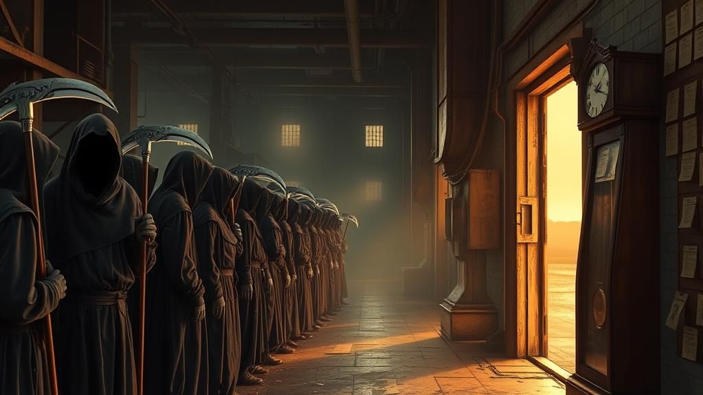 Reapers Clocking In: Dark Fantasy Factory Scene