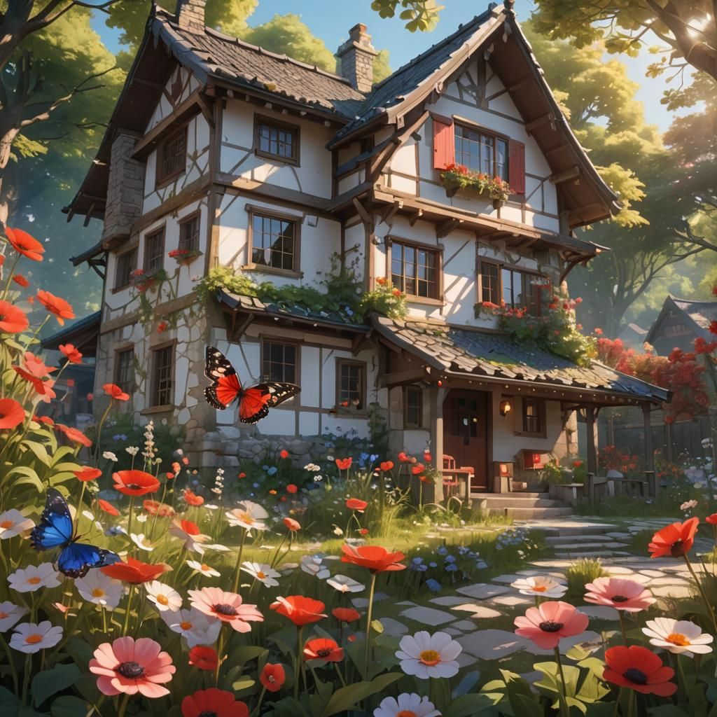 Anime Garden with Red Anemone Flowers in 3D