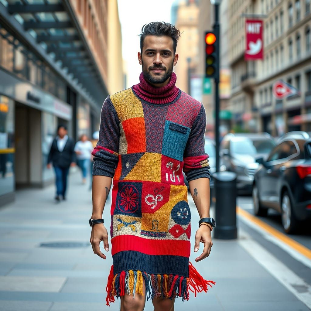 Confident Man Embodies Urban Style in Quirky, Handcrafted Dr...
