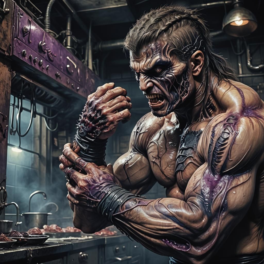 Surreal Wrestler Portrait in Industrial Kitchen
