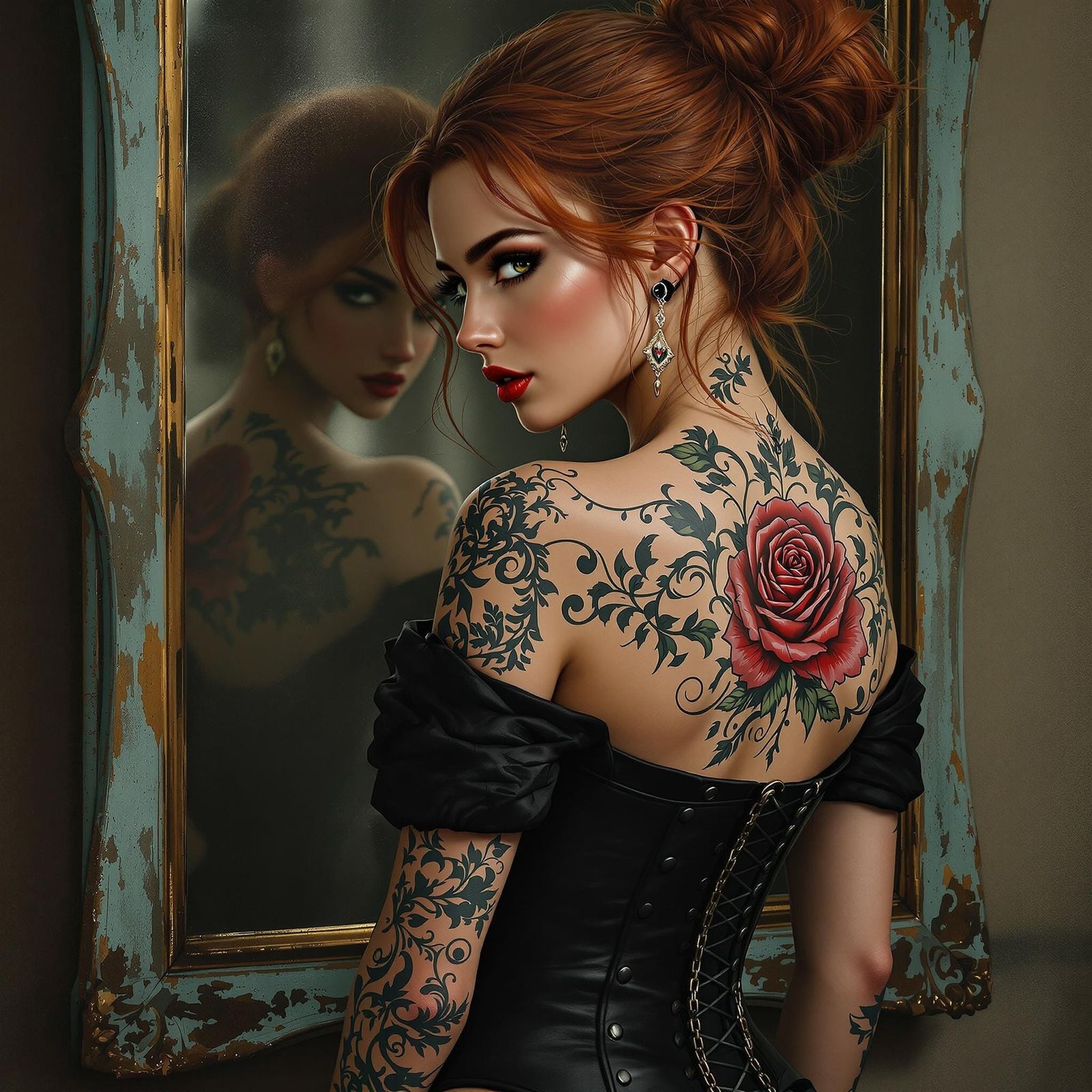 Elegant Young Woman with Auburn Hair and Floral Tattoos in D...