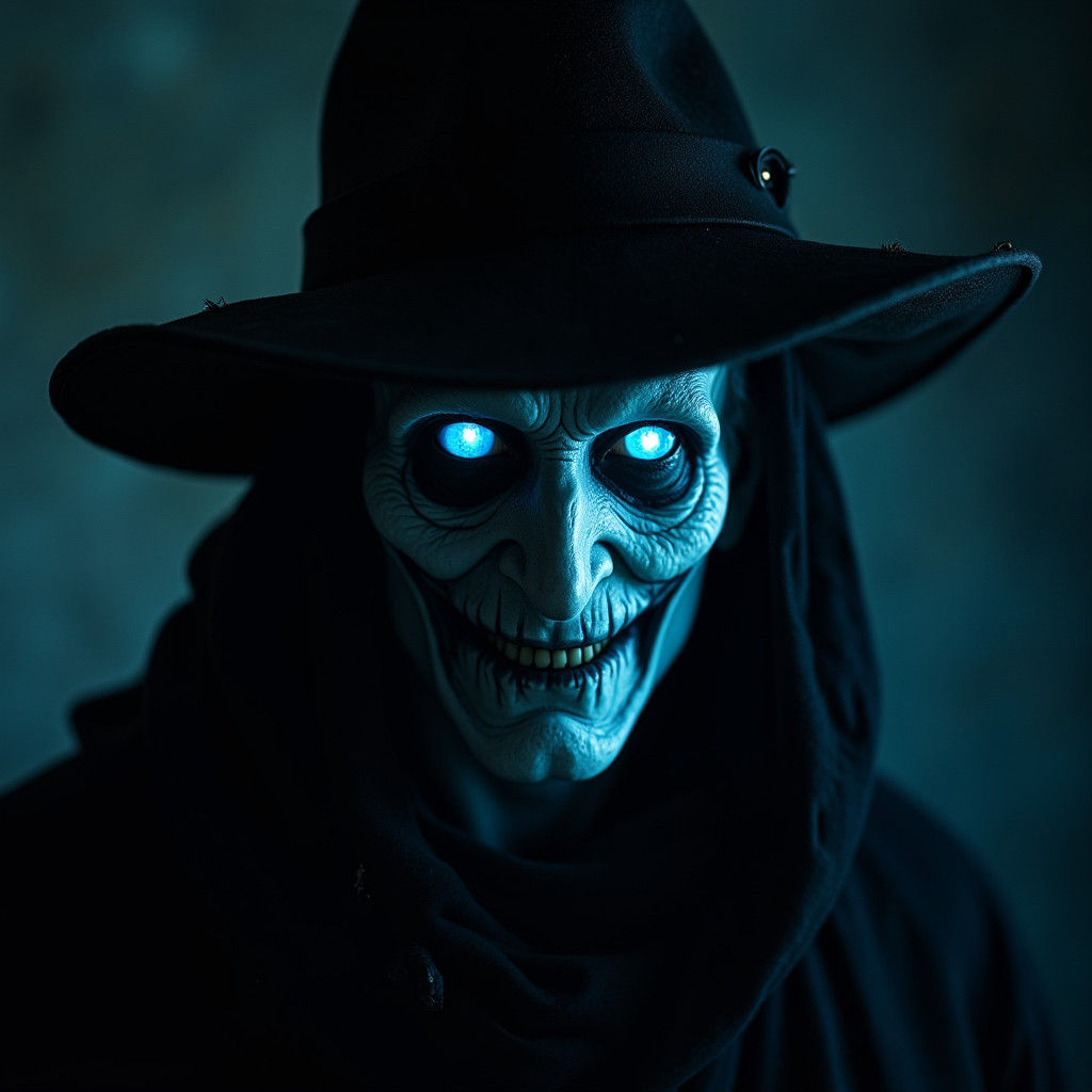 Ethereal Figure with Glowing Eyes in Shadowy Portrait