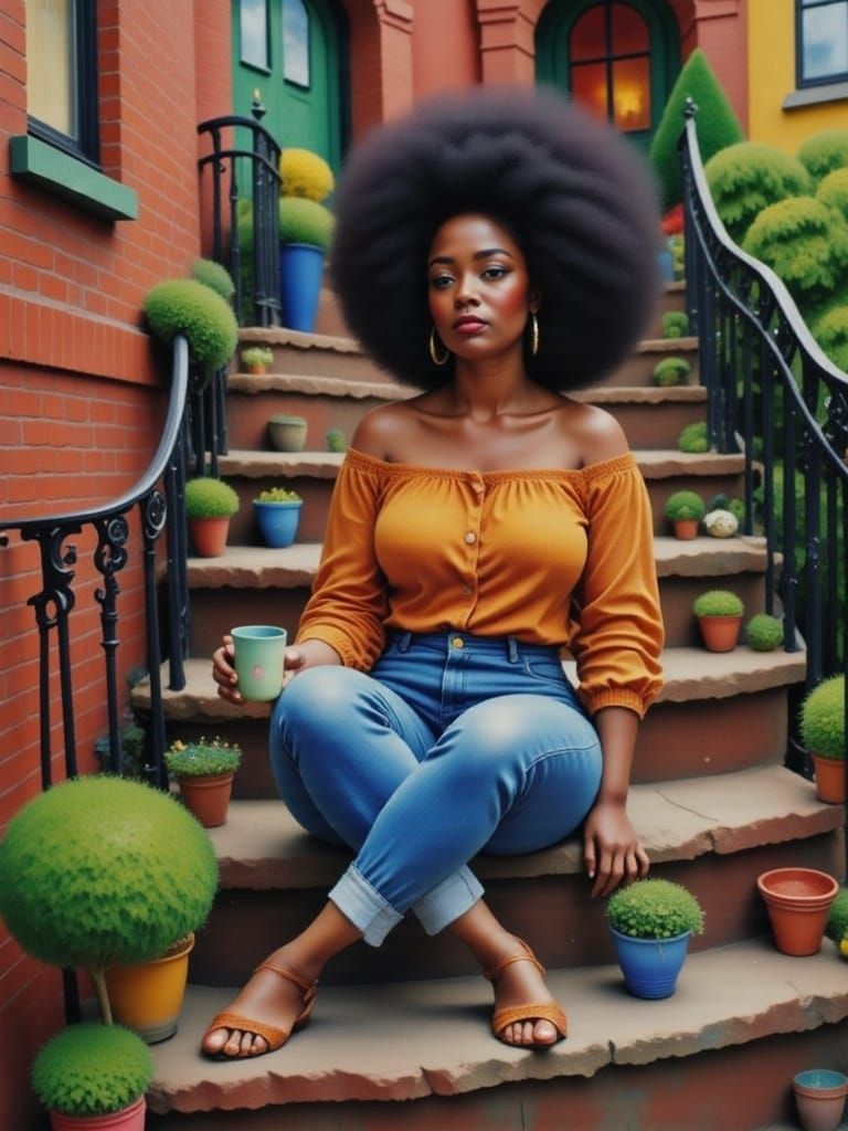 Terracotta Portrait of Woman on Brownstone Steps