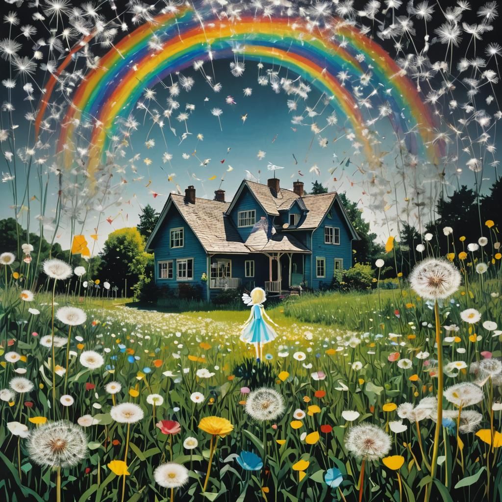 Rainbow Fairy in Dandelion Field, Rayograph Style