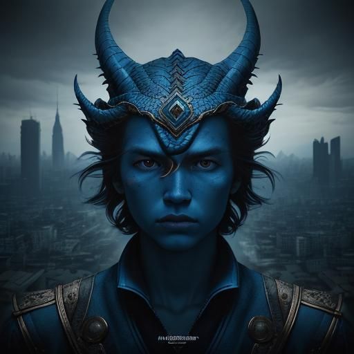 Blue Dragon Soaring Over Fantasy City Portrait