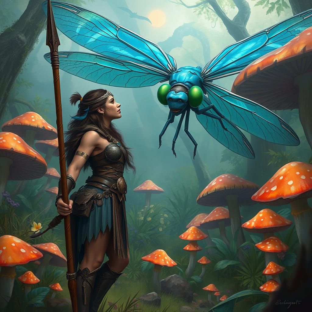 Amazon Warrior and Dragonfly in Ethereal Mushroom Forest