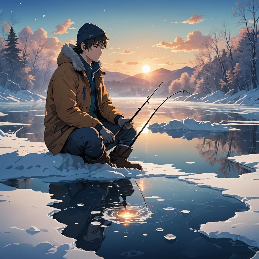Anime Fisherman on Frozen Lake at Sunset