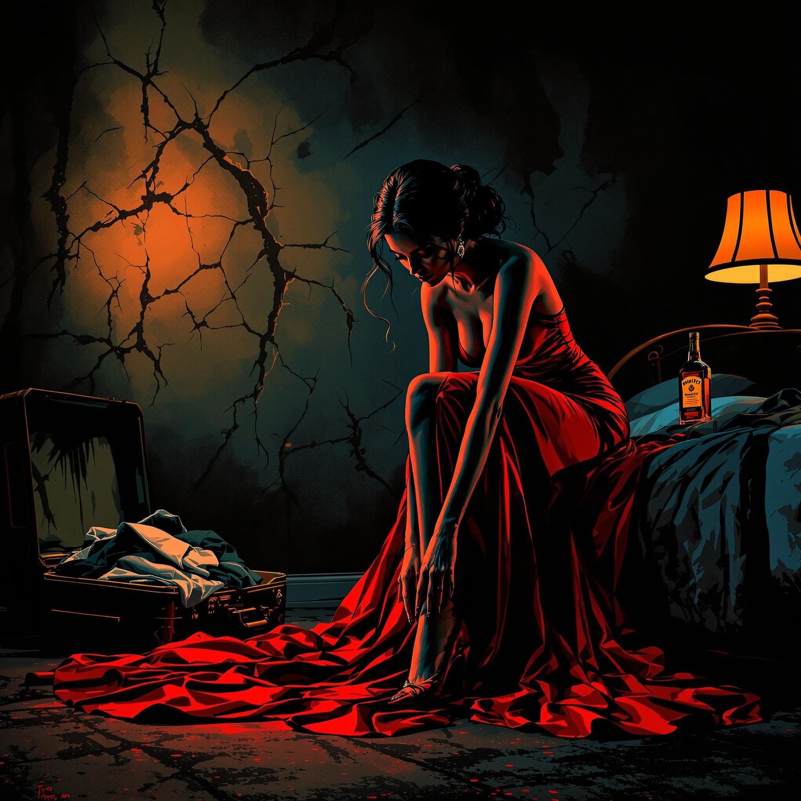 Elegant Noir Goddess in Gritty Hotel Room