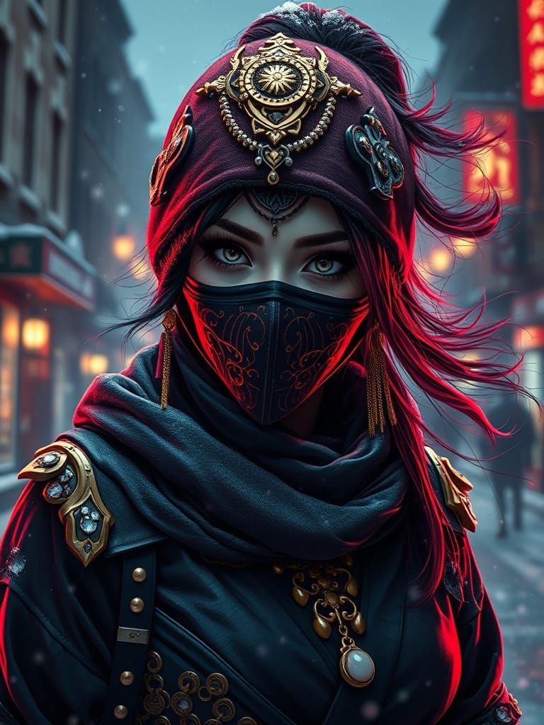 Kunoichi Ninja in Snowy Moscow Streets with Gold Jewelry