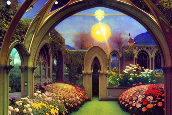 Psychedelic Art Nouveau Garden at Sunrise