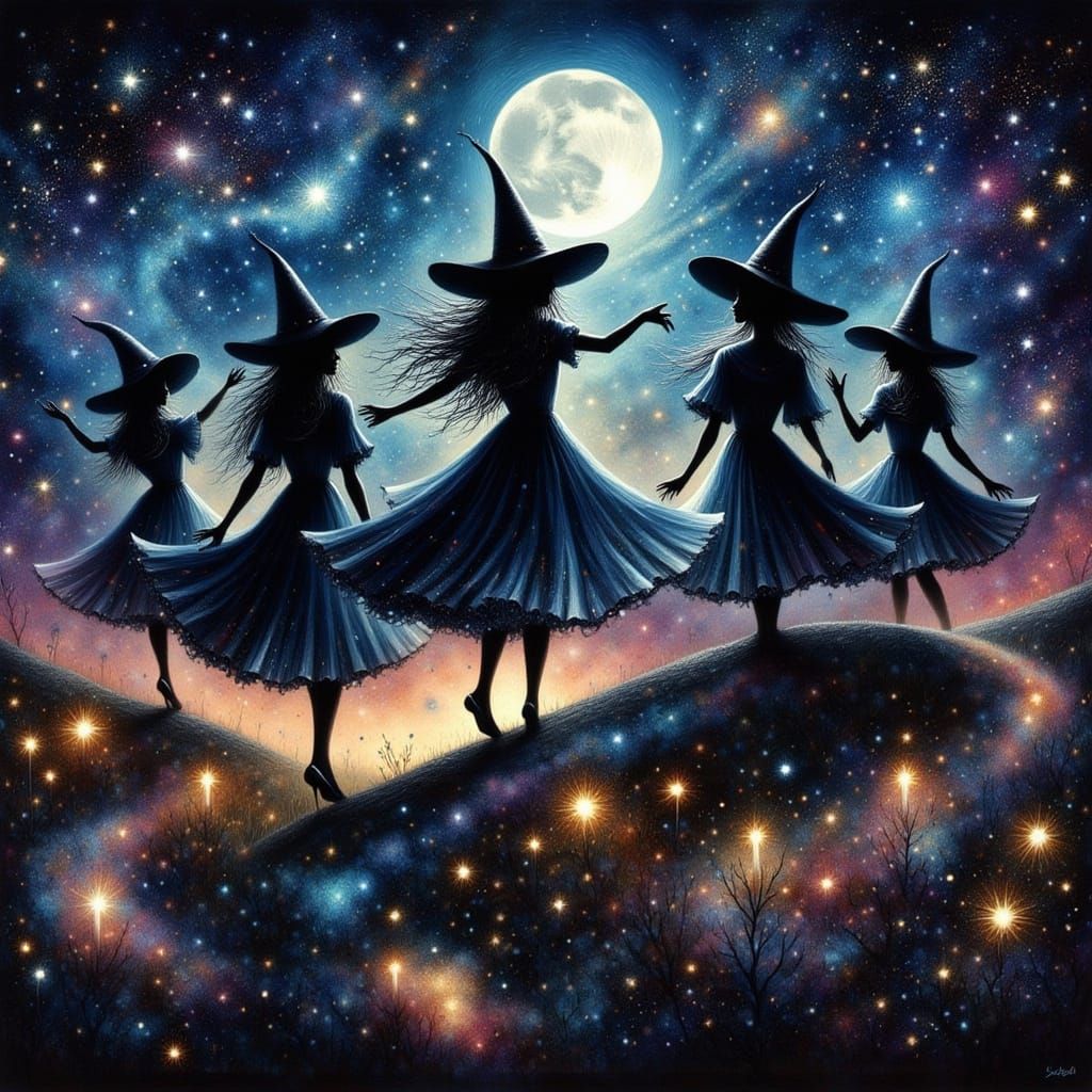 Witches Dance Under Starry Night, Fantasy Art