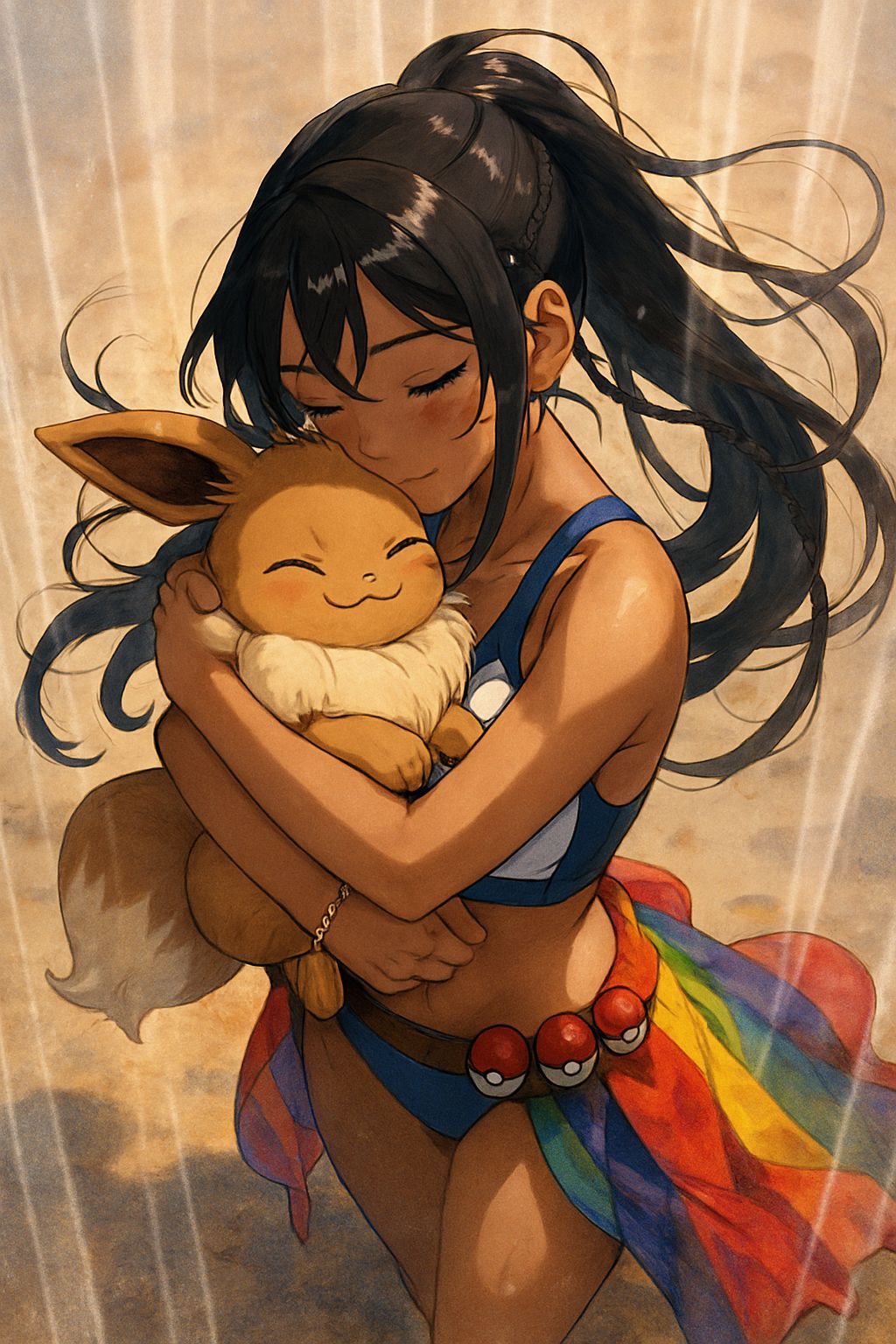 Anime Girl Hugging Eevee on Beach in Vivid Detail