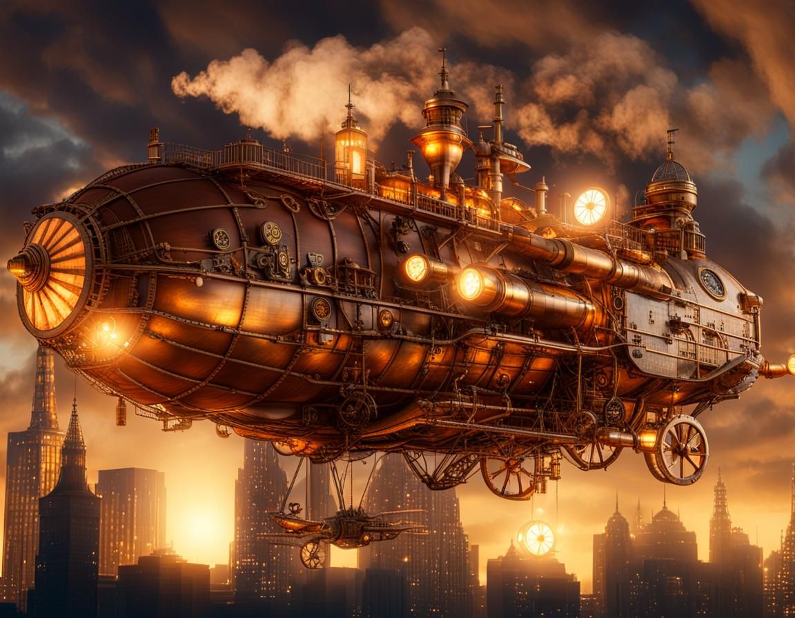 Steampunk Airship Over Victorian Industrial Cityscape