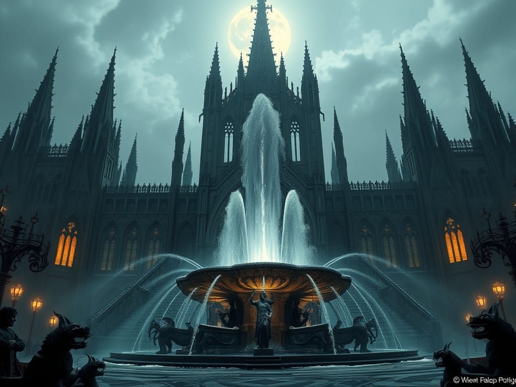 The magnificent fountain in the Gothic manor
