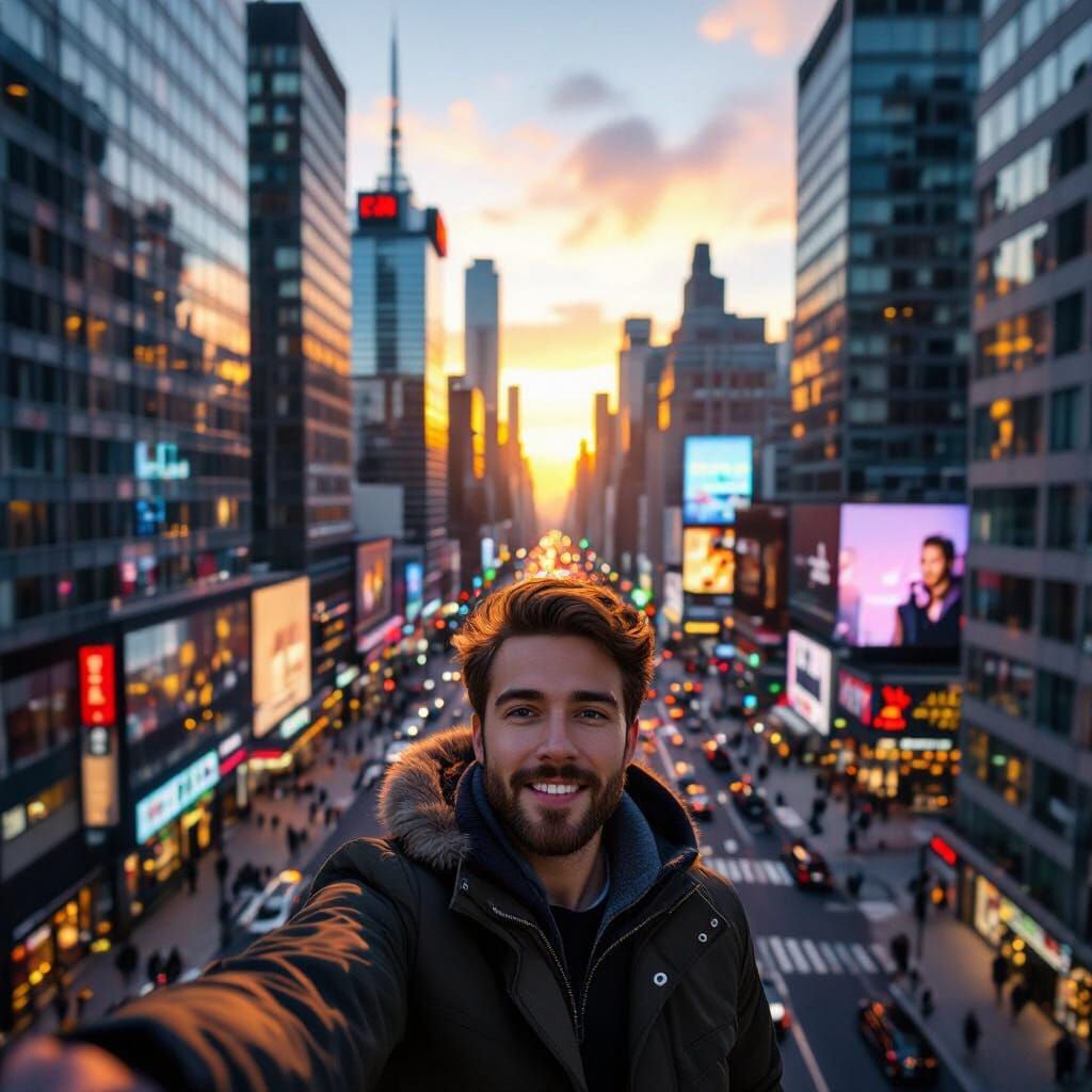 Person Takes Selfie in Bustling City, Showcasing View