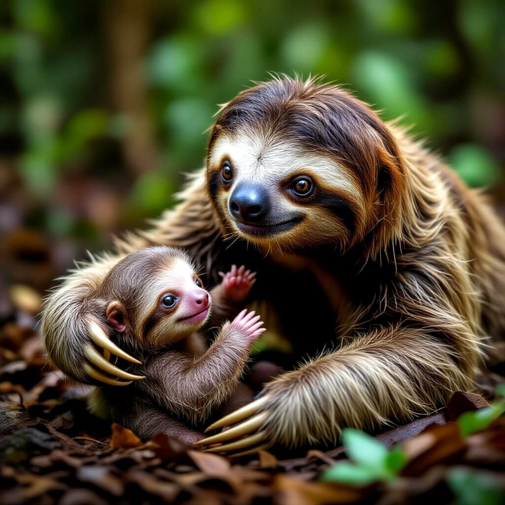 Mother Sloth Rescues Baby in Lush Rainforest