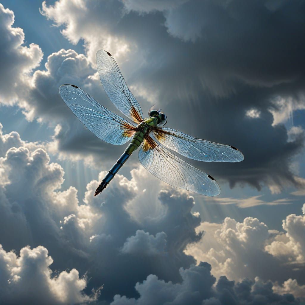 Boy Flying on Dragonfly Amidst Clouds and Ocean