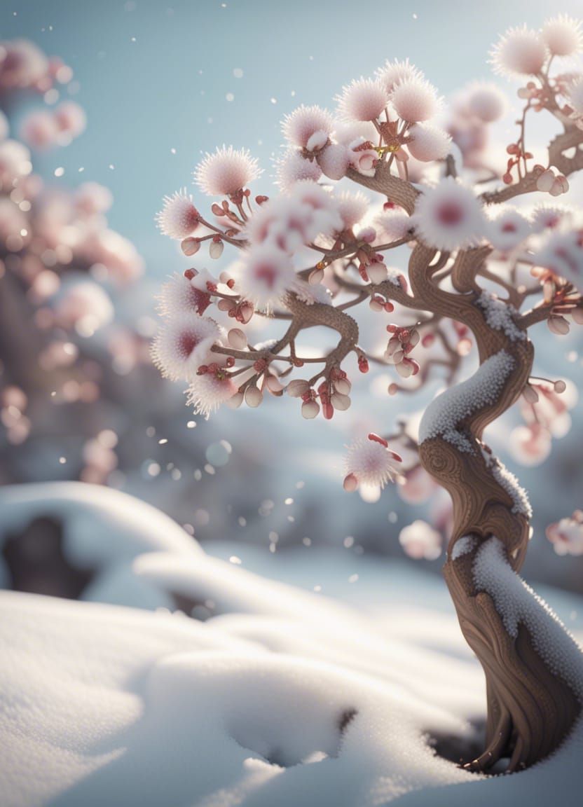 Hyperrealistic Flower Tree in Snow, 4K Fantasy Art
