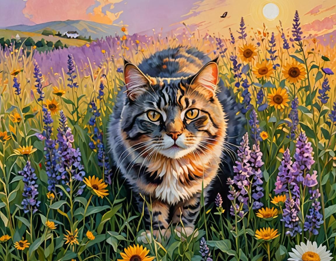 Dilute Tortoiseshell cat, in a meadow, lavender, sunflower, ...