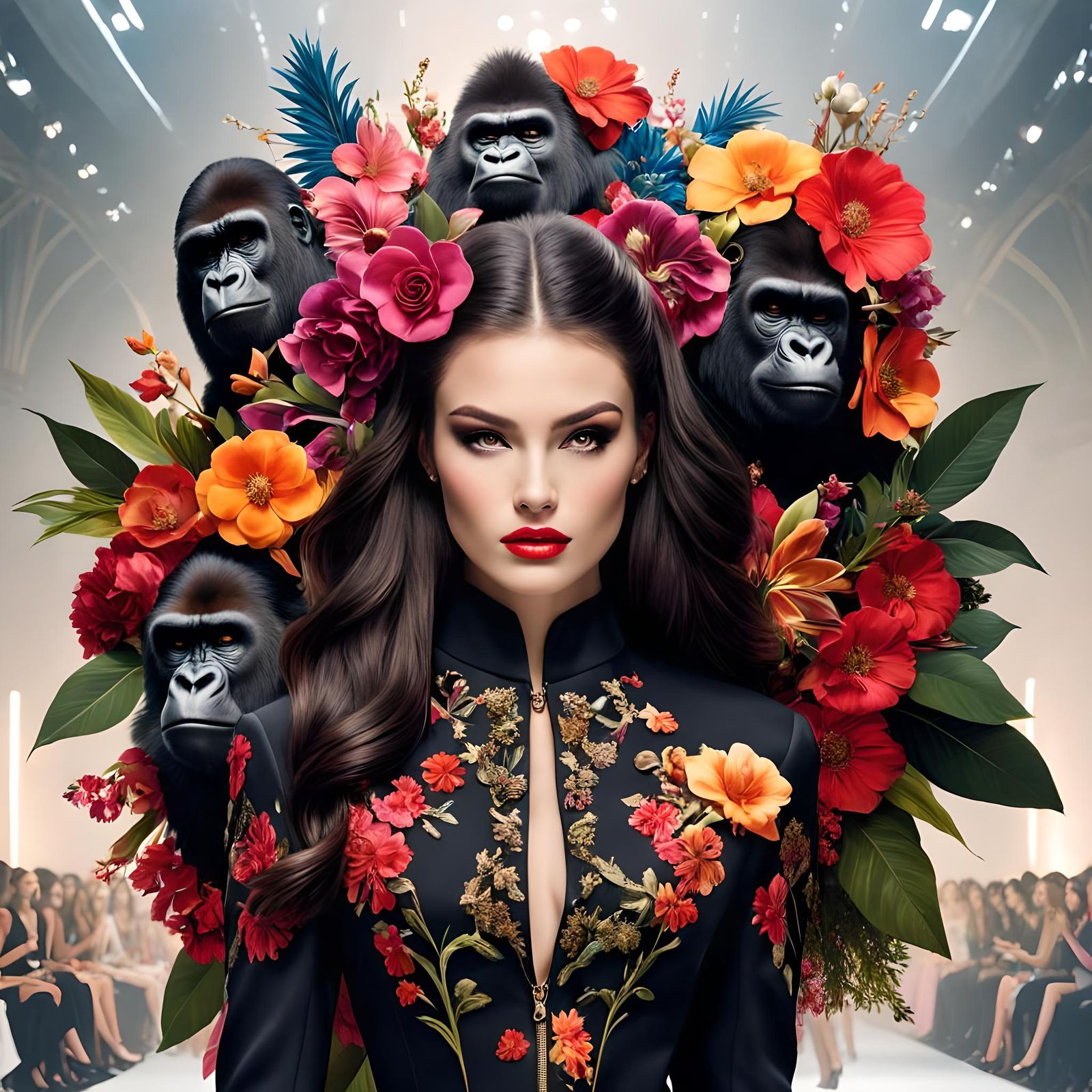 A runway fashion show with several beautiful couture fashion...