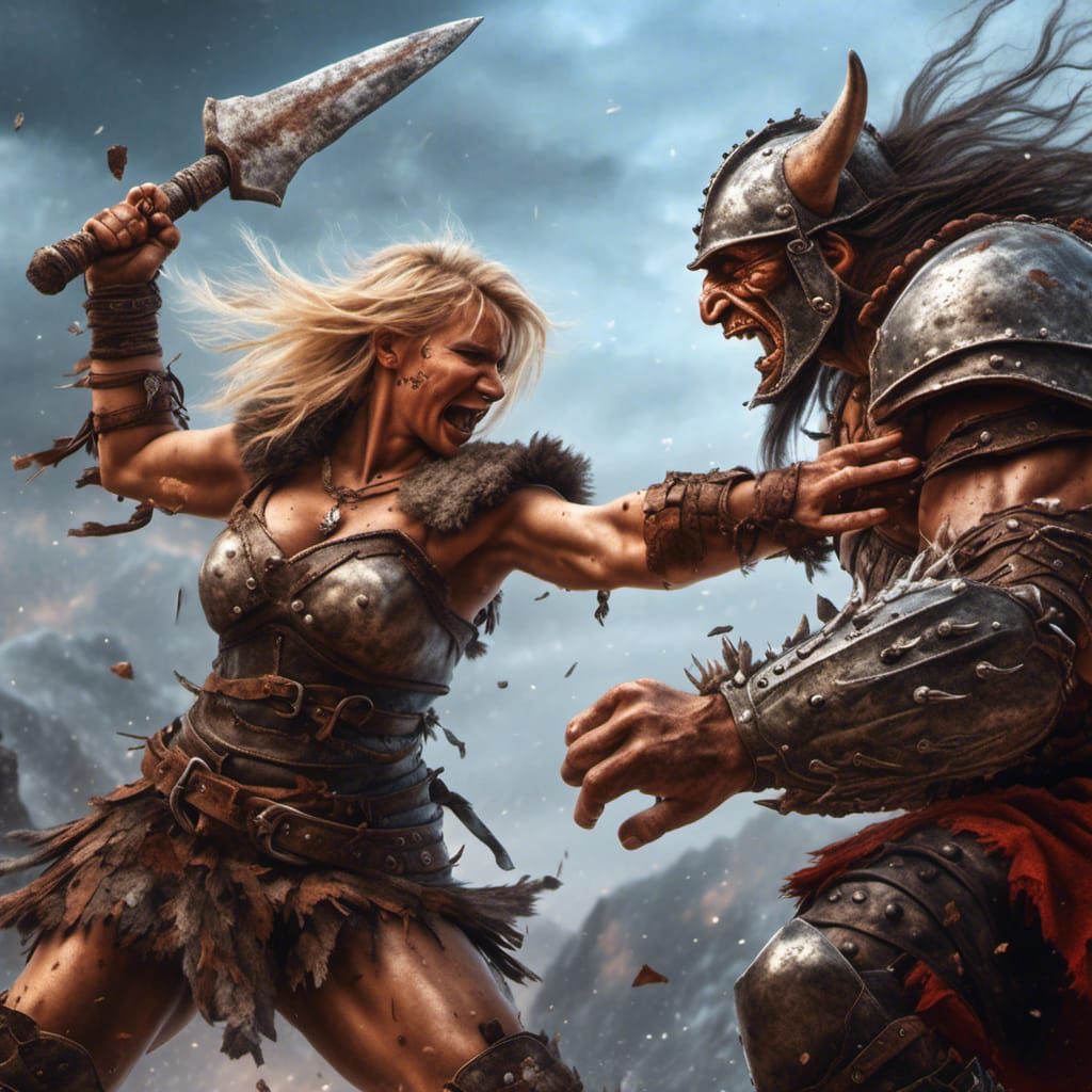 Barbarian Warrior and Armored Ork Battle in Hyperrealism