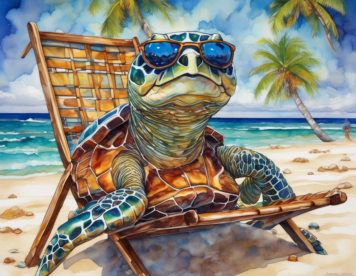 Stylish Sea Turtle Sunbathing on the Beach