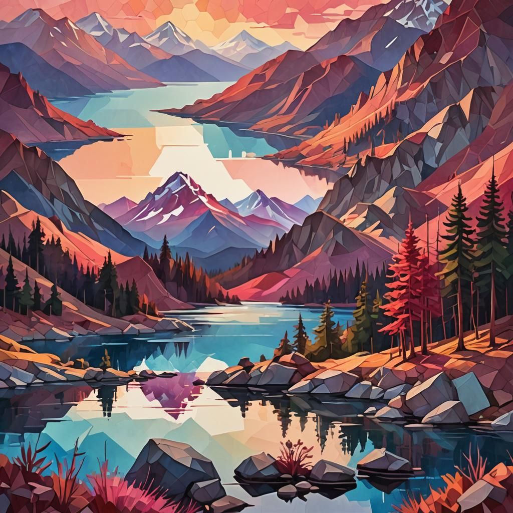 Low Poly Mountain Lake in Watercolor Style