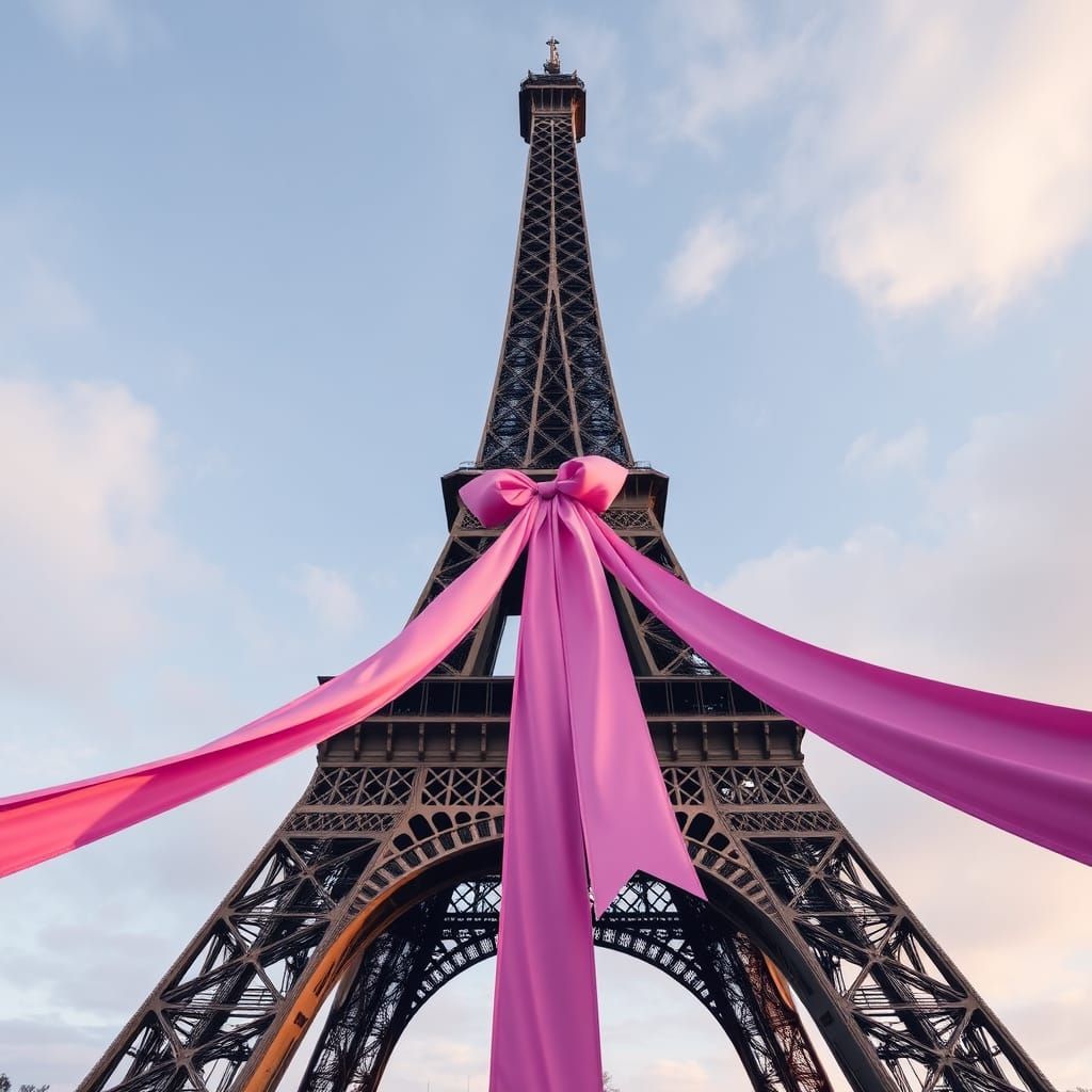 Eiffel Tower Decorated with Giant Pink Ribbon