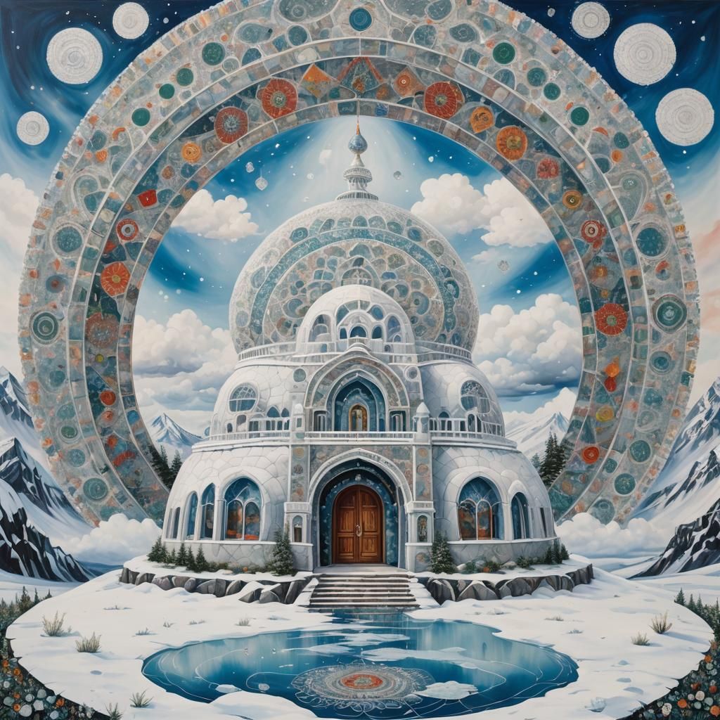 Madhubani Painting of Diamond Ice Castle with Mandalas