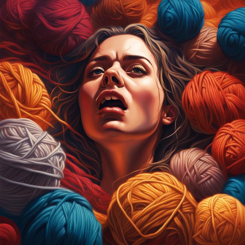 Hyperrealistic Woman Drowning in Yarn