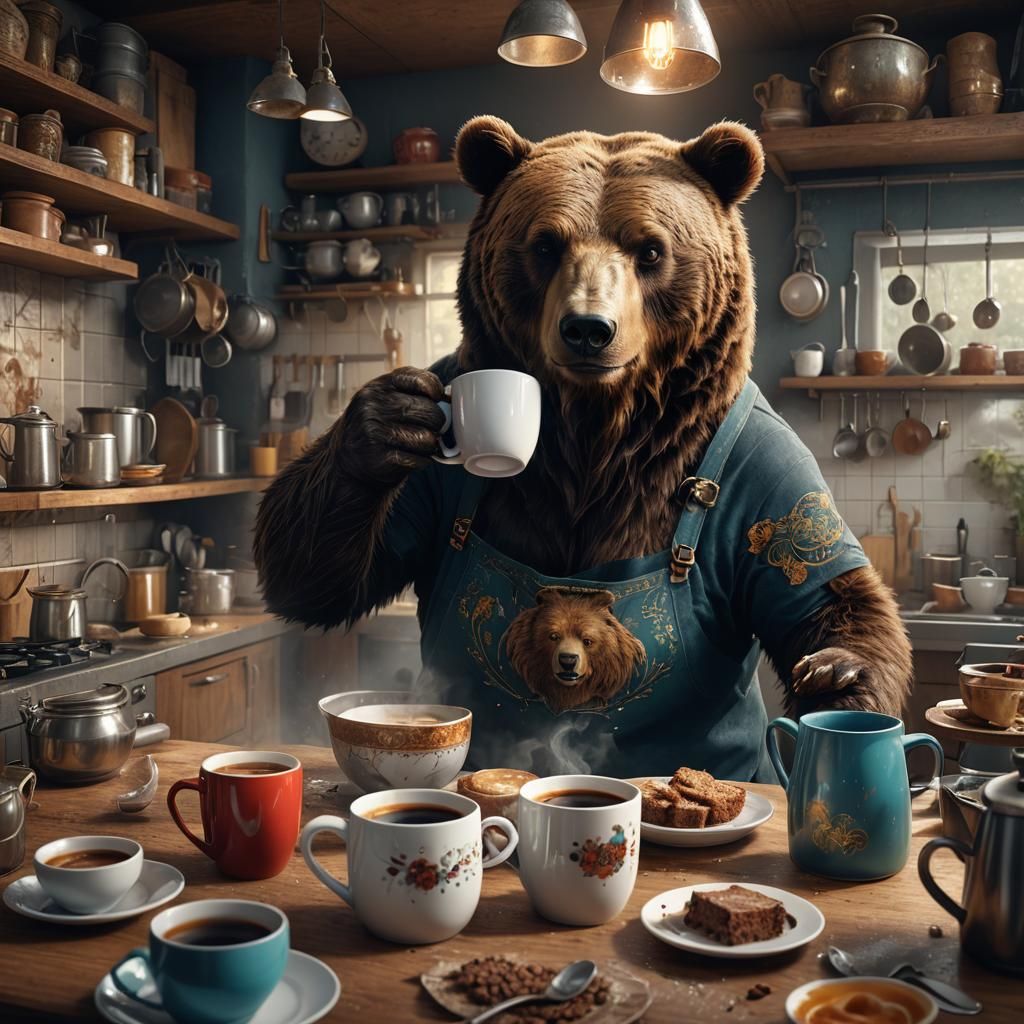 Bear Sipping Coffee: Detailed Matte Painting