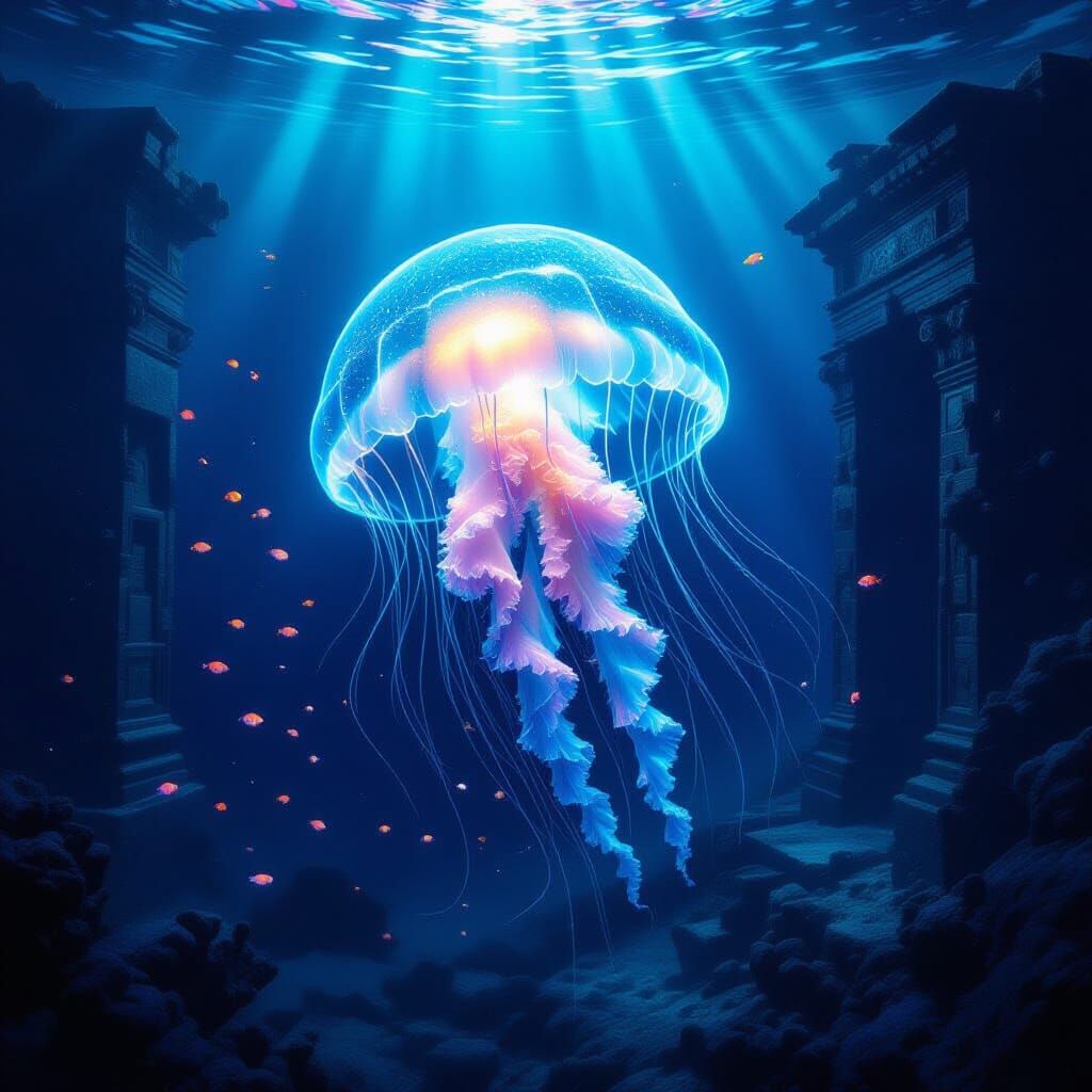 Bioluminescent Jellyfish Illuminates Deep Sea Ruins